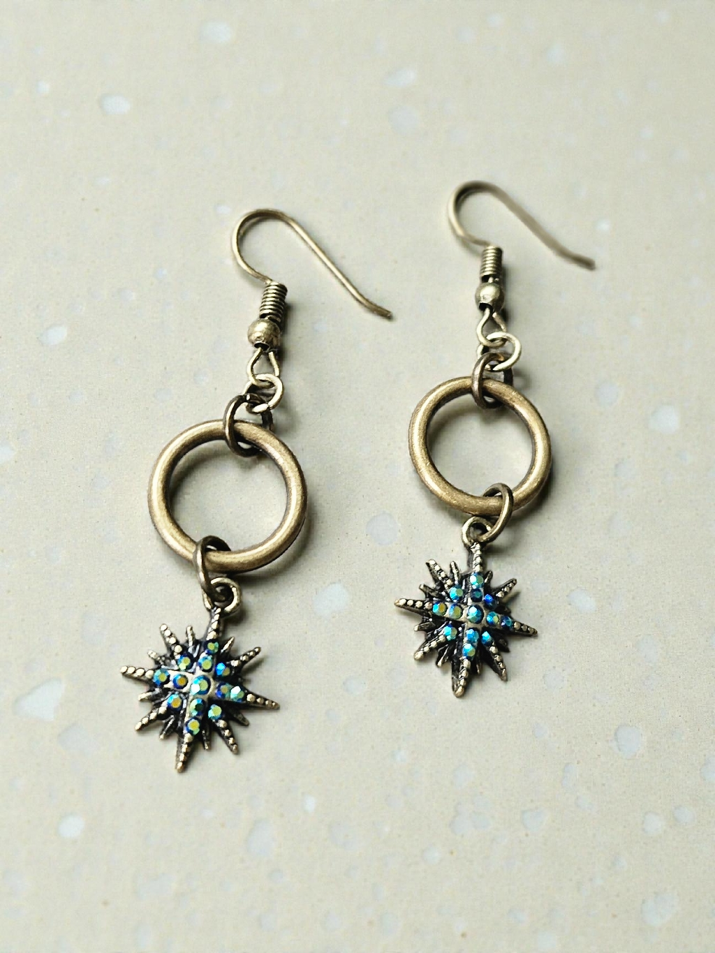 Upcycled Brass Ring with Iridescent Starburst Charm Dangle Earrings