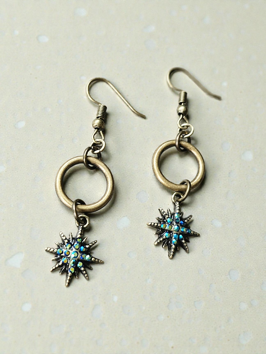 Upcycled Brass Ring with Iridescent Starburst Charm Dangle Earrings