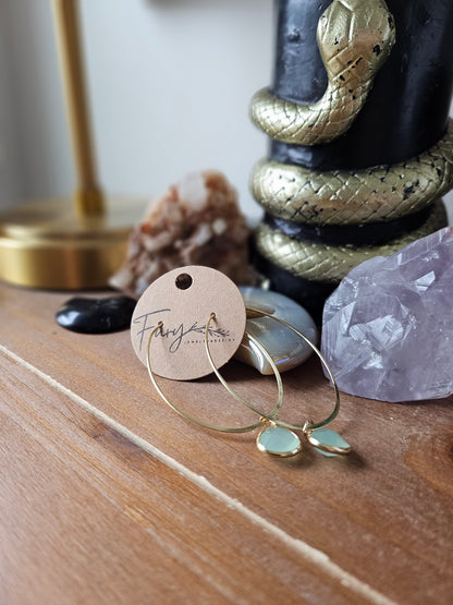 Round Teal Gemstone on Gold Oval Hoops