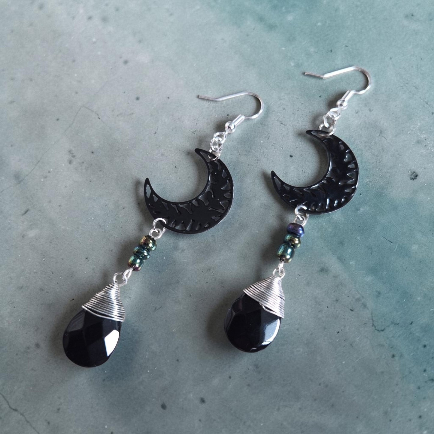 Black Moon and Silver Wrapped Black Gemstone Dangle Earrings