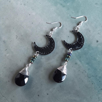 Black Moon and Silver Wrapped Black Gemstone Dangle Earrings