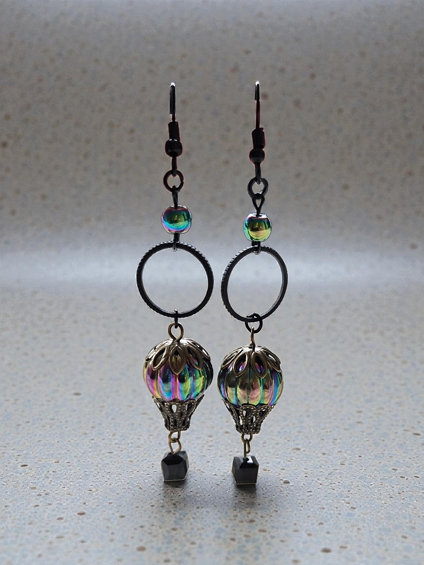 Upcycled Rainbow Sheen Hot Air Balloon Charms with Black Accents Dangle Earrings
