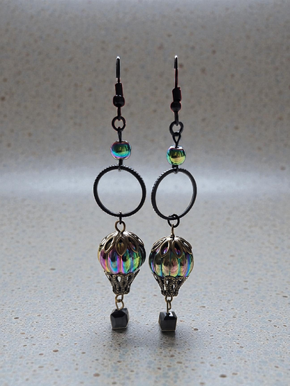 Upcycled Rainbow Sheen Hot Air Balloon Charms with Black Accents Dangle Earrings
