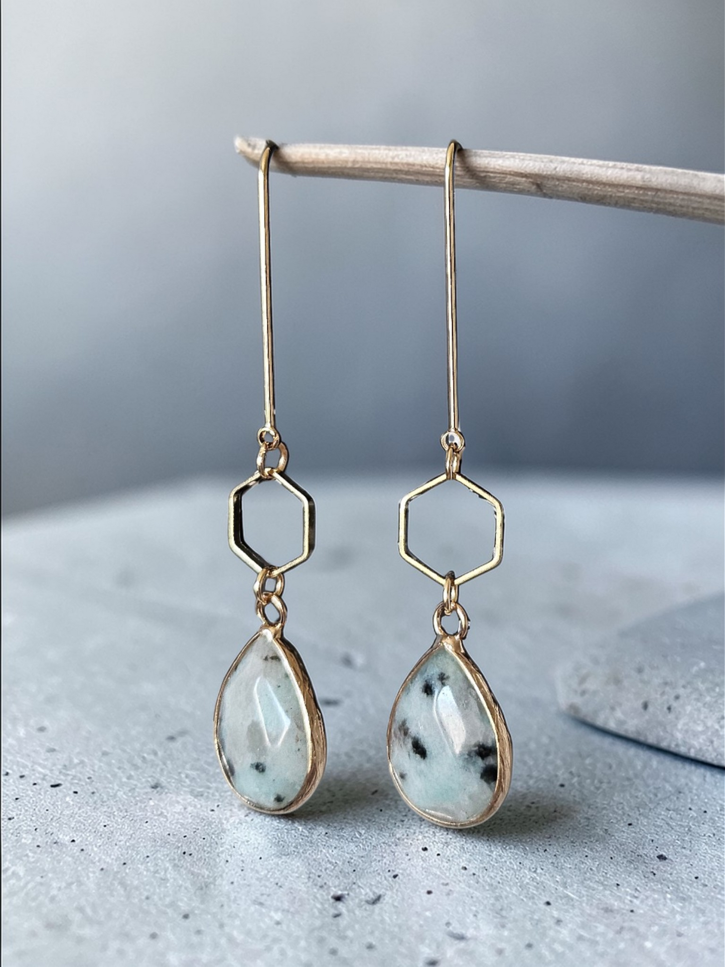 Teardrop Gemstones and Hexagons on Golden U-shaped Earrings
