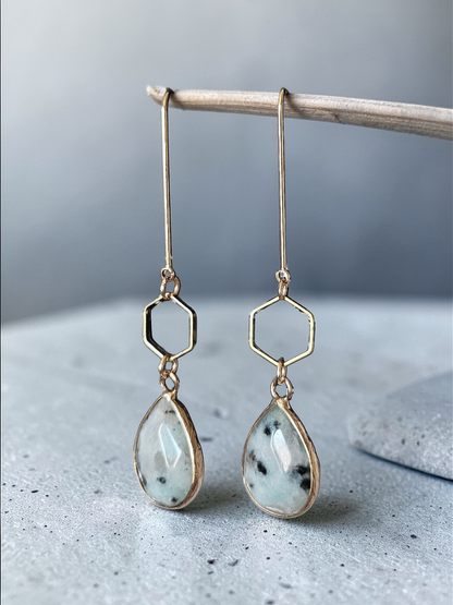 Teardrop Gemstones and Hexagons on Golden U-shaped Earrings