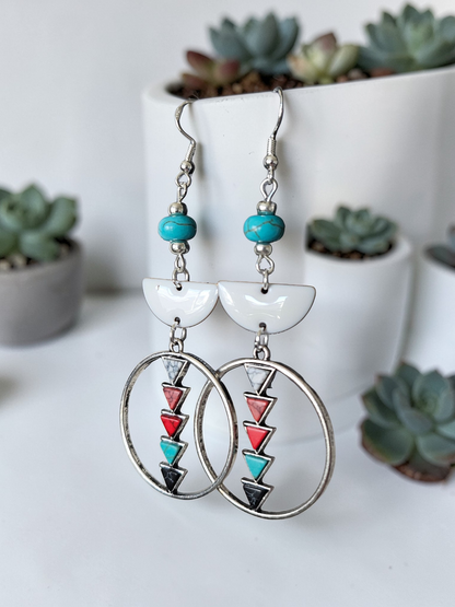 Teal Red and White Western Statement Earrings on Silver Hooks