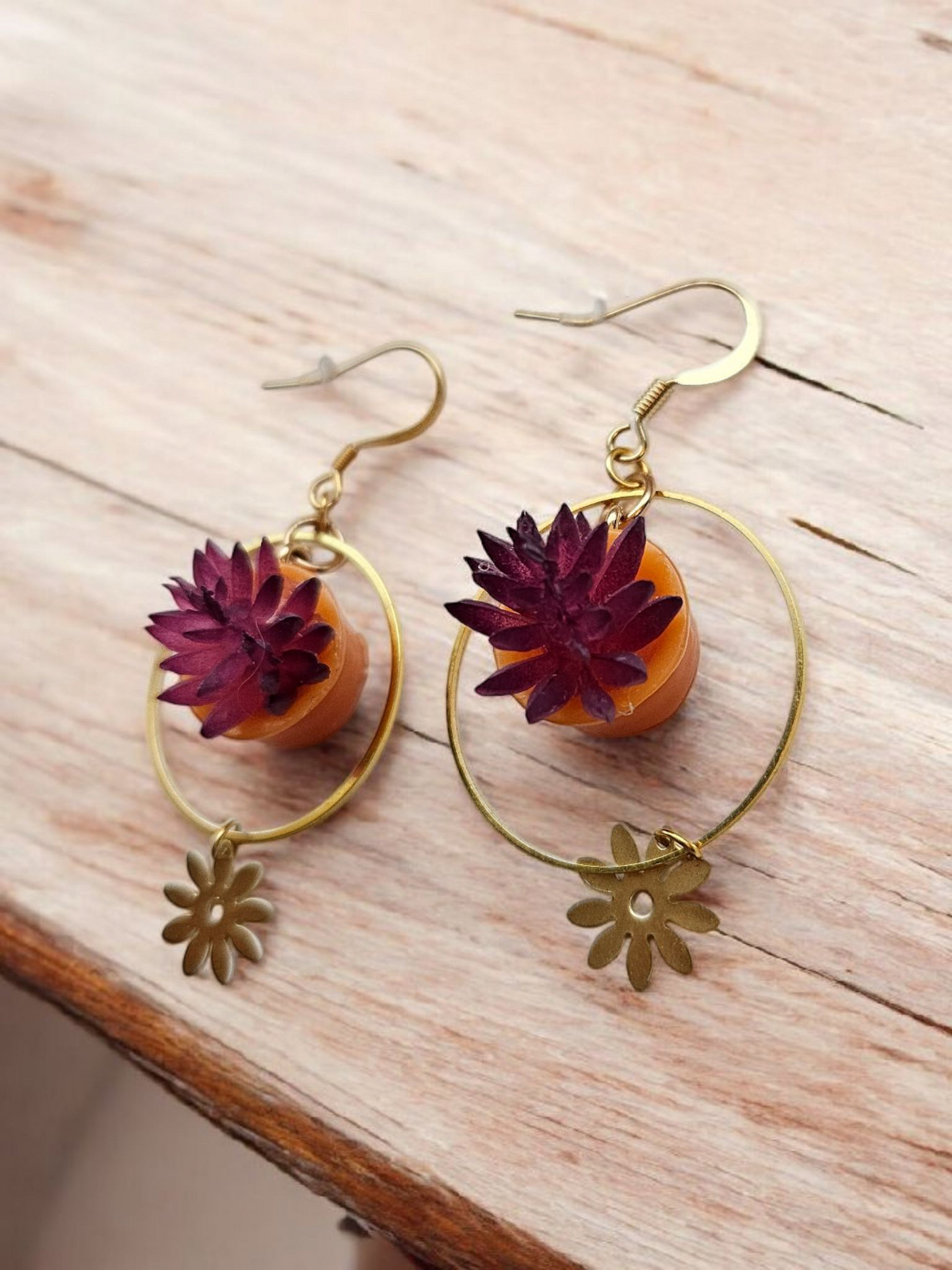 Burgundy Succulent Pots on Gold Rings Dangle Earrings