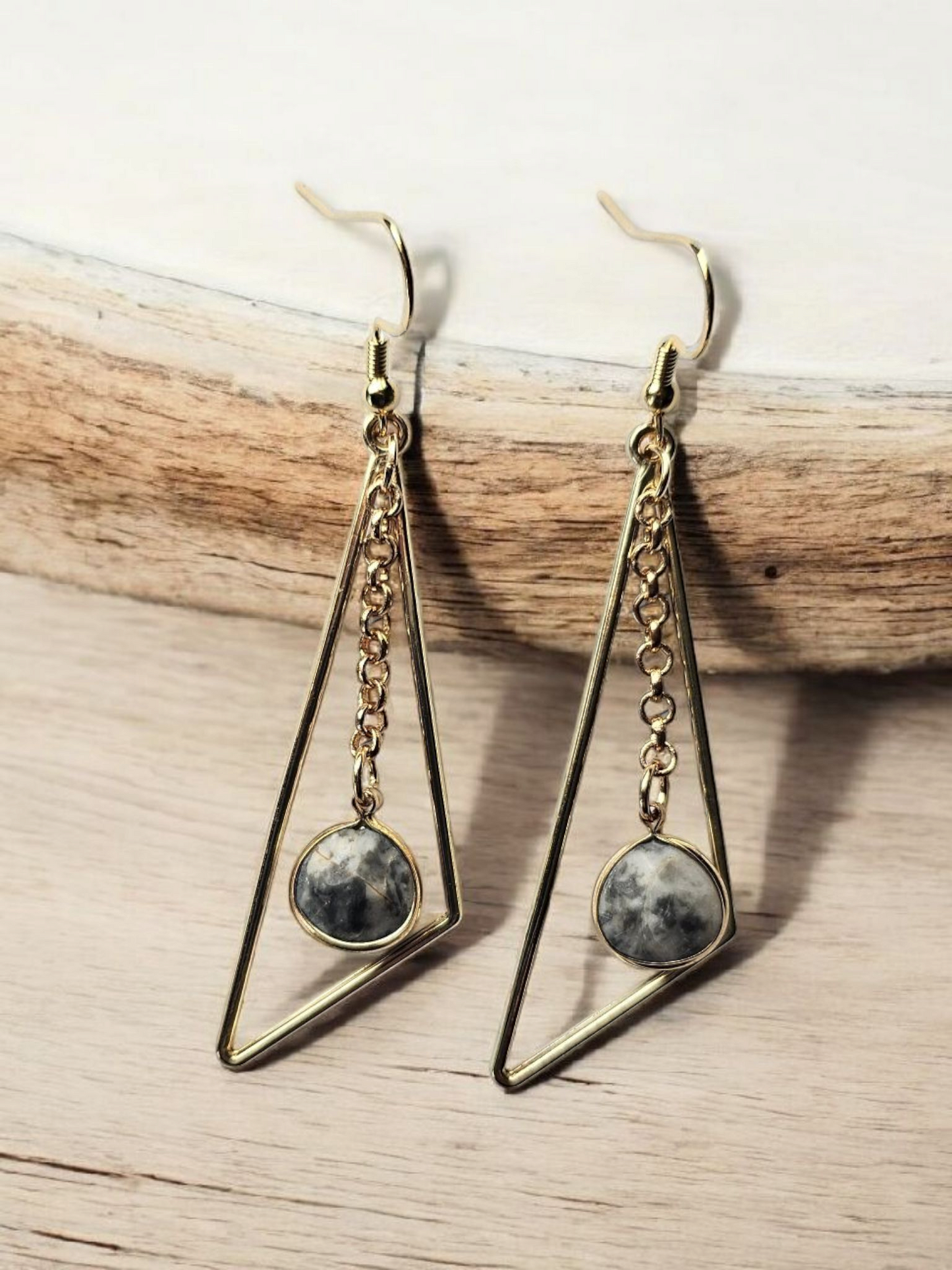 Upcycled Gold Wonky Triangle with Black and White Gemstone on Chains Dangle Earrings