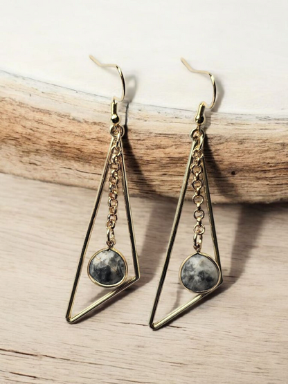 Upcycled Gold Wonky Triangle with Black and White Gemstone on Chains Dangle Earrings