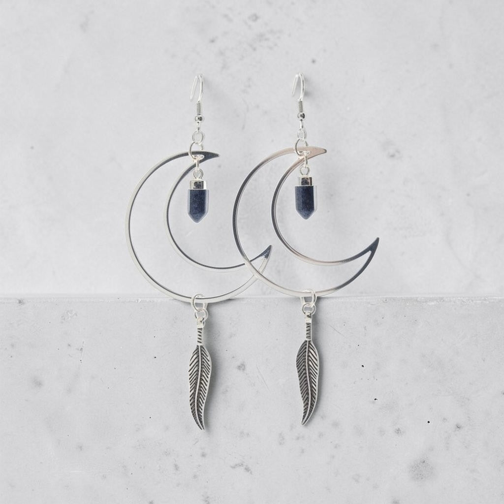 Silvery Crescent Moons with Lapis Lazuli Crystal Points Dangle Earrings