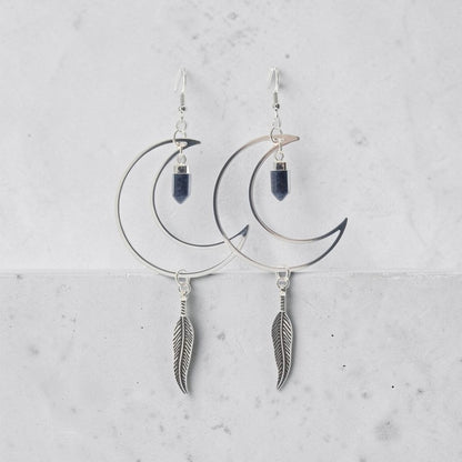 Silvery Crescent Moons with Lapis Lazuli Crystal Points Dangle Earrings