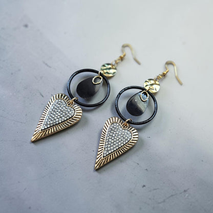 Upcycled Blingy Golden Hearts with Black Hoop Accents Dangle Earrings