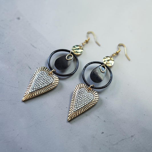 Upcycled Blingy Golden Hearts with Black Hoop Accents Dangle Earrings