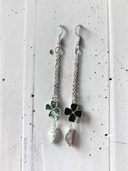 Upcycled Shimmery Green Clovers and Silver Chain Dangle Earrings