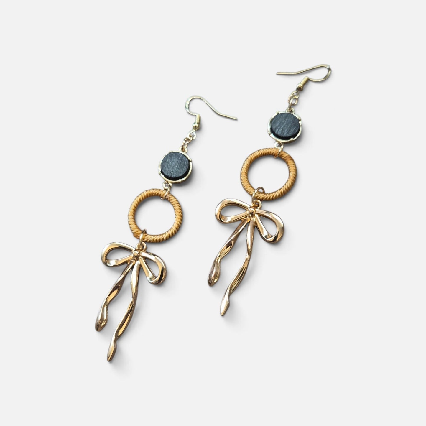 Black, Yellow, and Gold Boho Bow Dangle Earrings