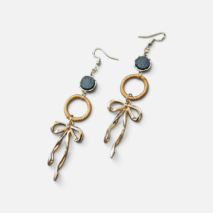 Black, Yellow, and Gold Boho Bow Dangle Earrings