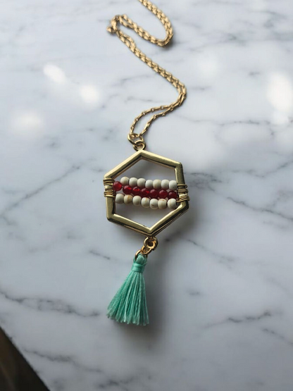 Red White and Teal Beads and Tassles Gold Necklace