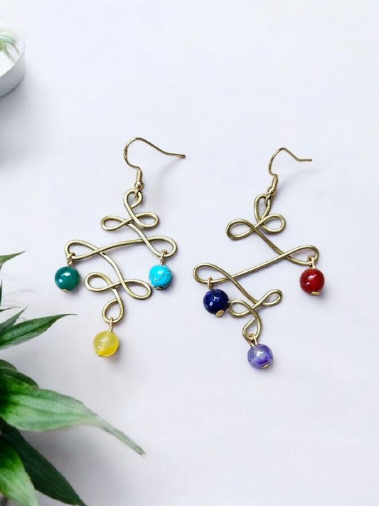 Upcycled Chakra Bead on Gold Knot Dangle Earrings