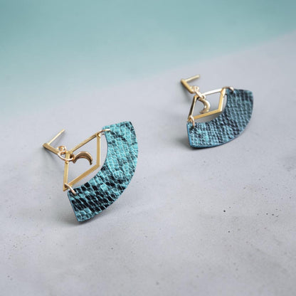 Blue Snakeskin Print and Gold Moons Upcycled Stud Earrings