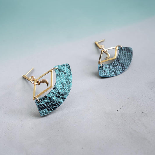 Blue Snakeskin Print and Gold Moons Upcycled Stud Earrings