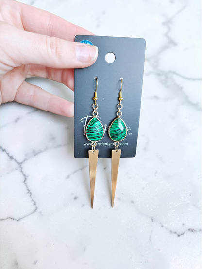 Gemstone Teardrops with Long Golden Point Dangle Earrings