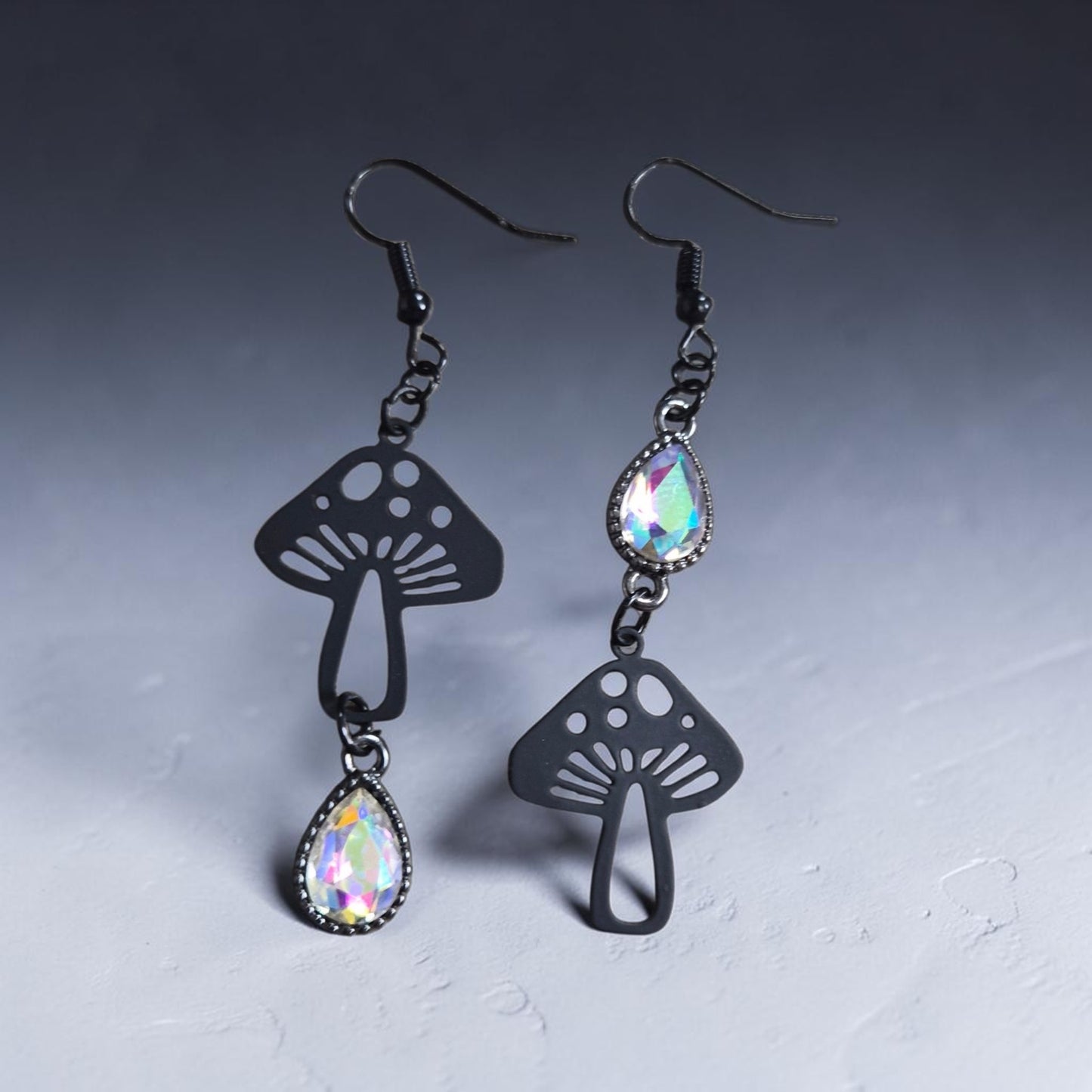 Asymmetrical Black Mushrooms with Iridescent Charms Dangle Earrings
