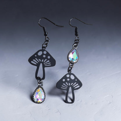 Asymmetrical Black Mushrooms with Iridescent Charms Dangle Earrings