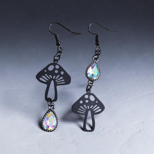 Asymmetrical Black Mushrooms with Iridescent Charms Dangle Earrings