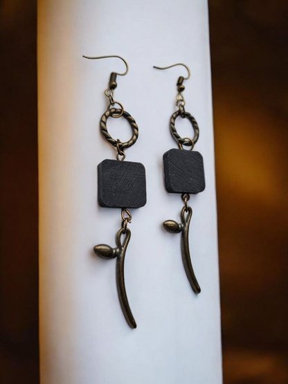 Upcycled Black Wood and Bronze Spring Flower Dangle Earrings
