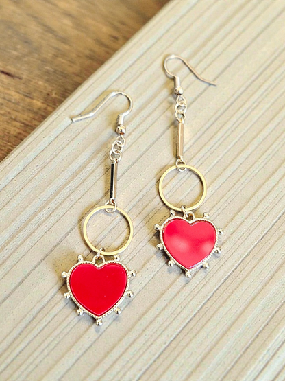 Red Hearts on Golden Circles and Bars Dangle Earrings