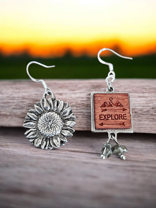 Explore Sign and Sunflower Asymmetrical Dangle Earrings