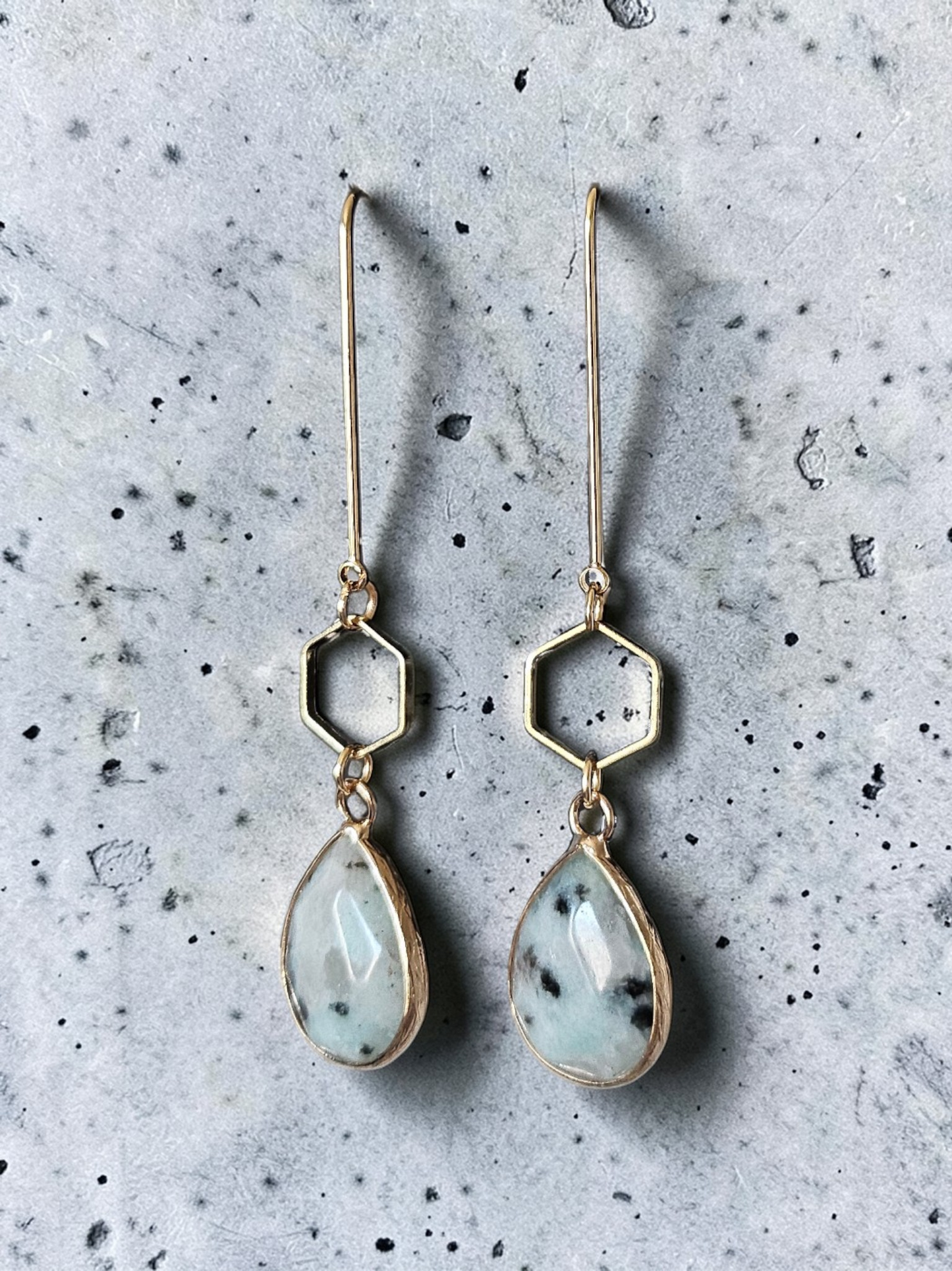 Teardrop Gemstones and Hexagons on Golden U-shaped Earrings
