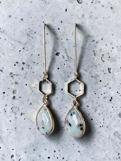 Teardrop Gemstones and Hexagons on Golden U-shaped Earrings