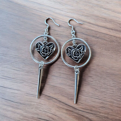 Silver Spike Heart Charm Dangle Earrings