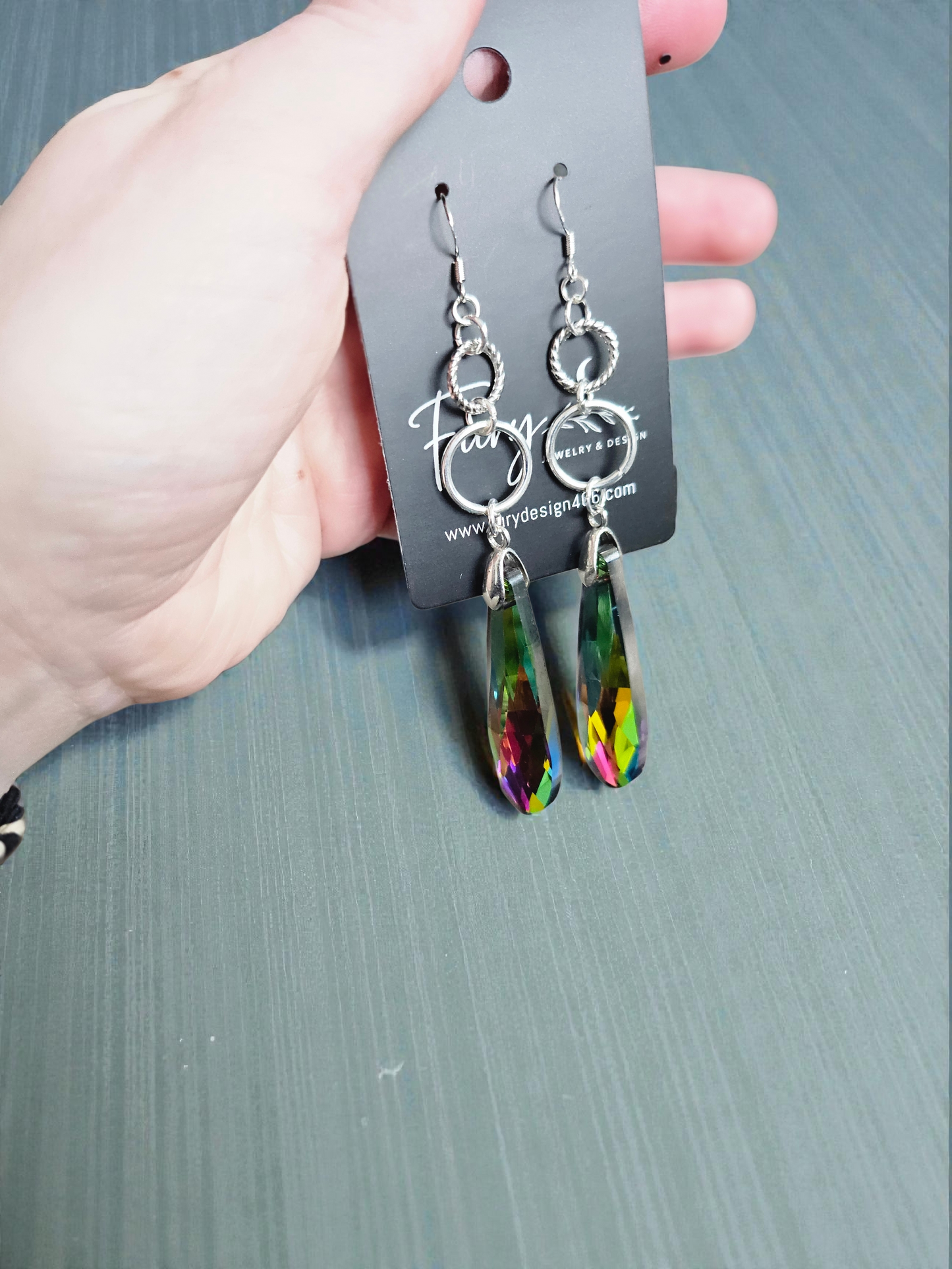 Colorful Sun Catcher Teardrops on Silvery Circles Dangle Earrings