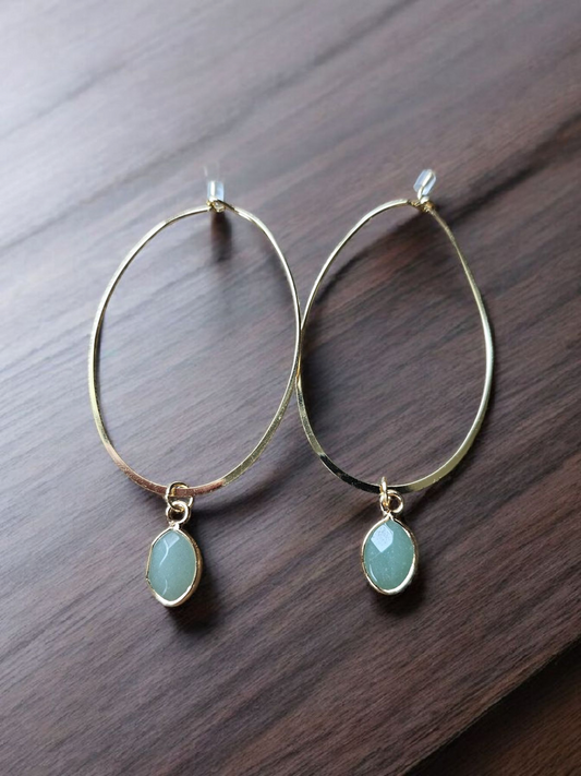 Teal Oval Gemstone on Gold Oval Hoops