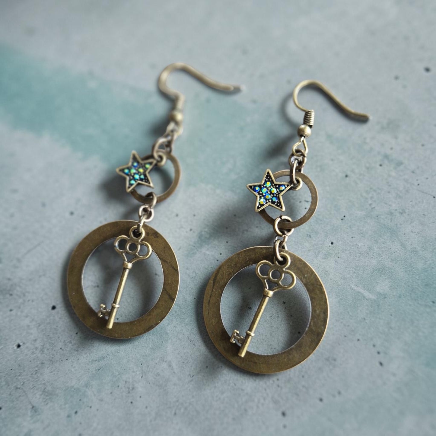Brass Faerie Keys and Shimmering Stars Upcycled Dangle Earrings