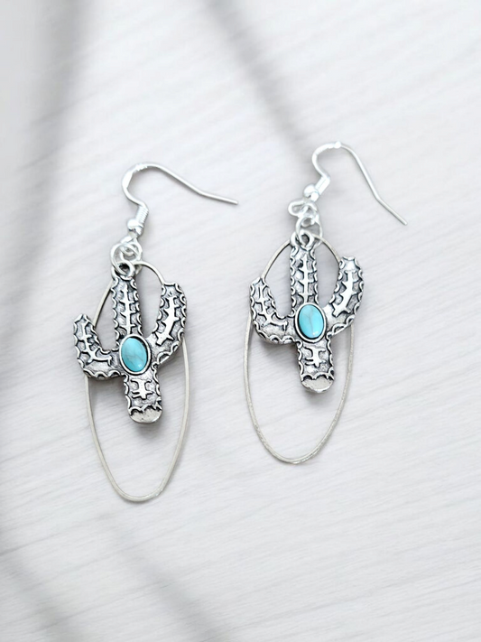 Upcycled Silver and Teal Cactus Dangle Earrings