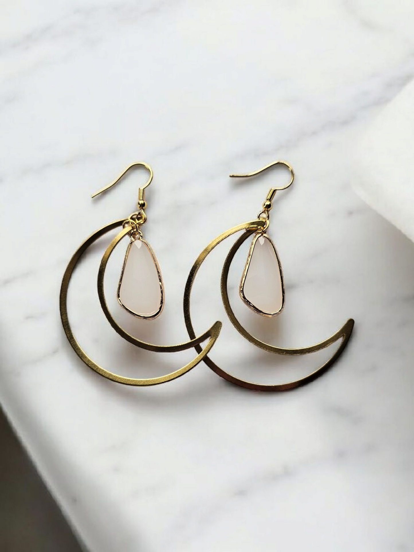 Large Brass Moons with Rose Quartz Teardrop Dangle Earrings