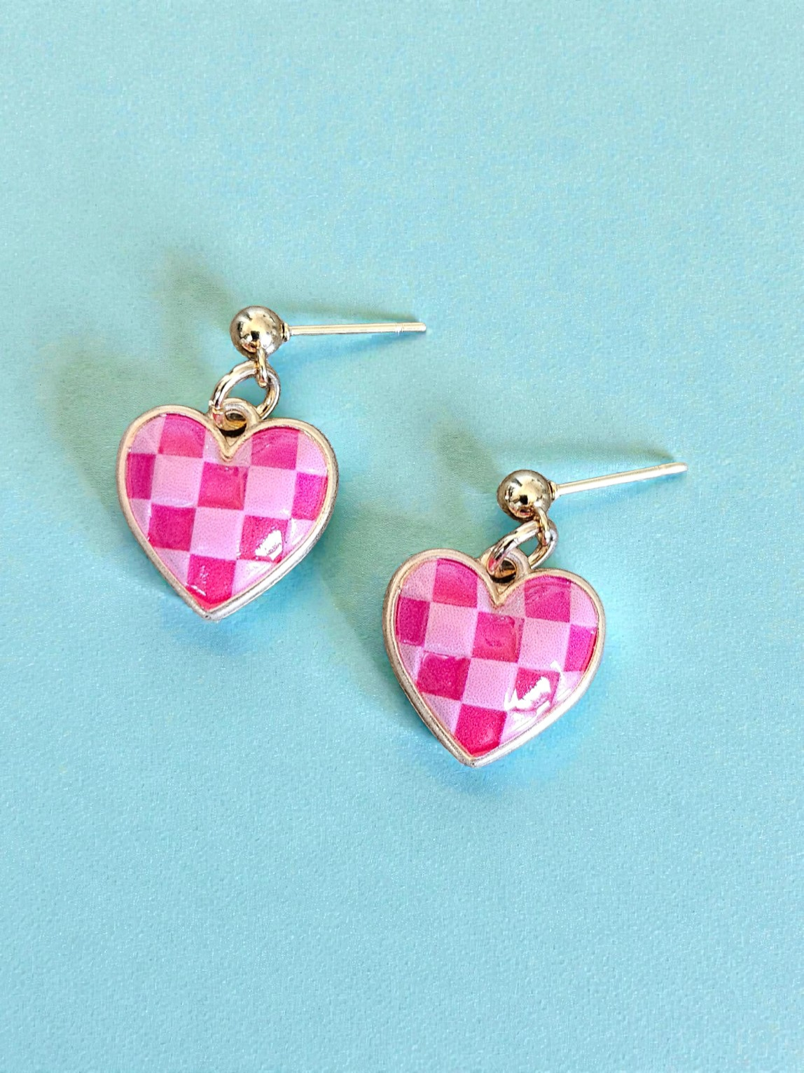 Pink Checkered Hearts on Golden Stud Earrings