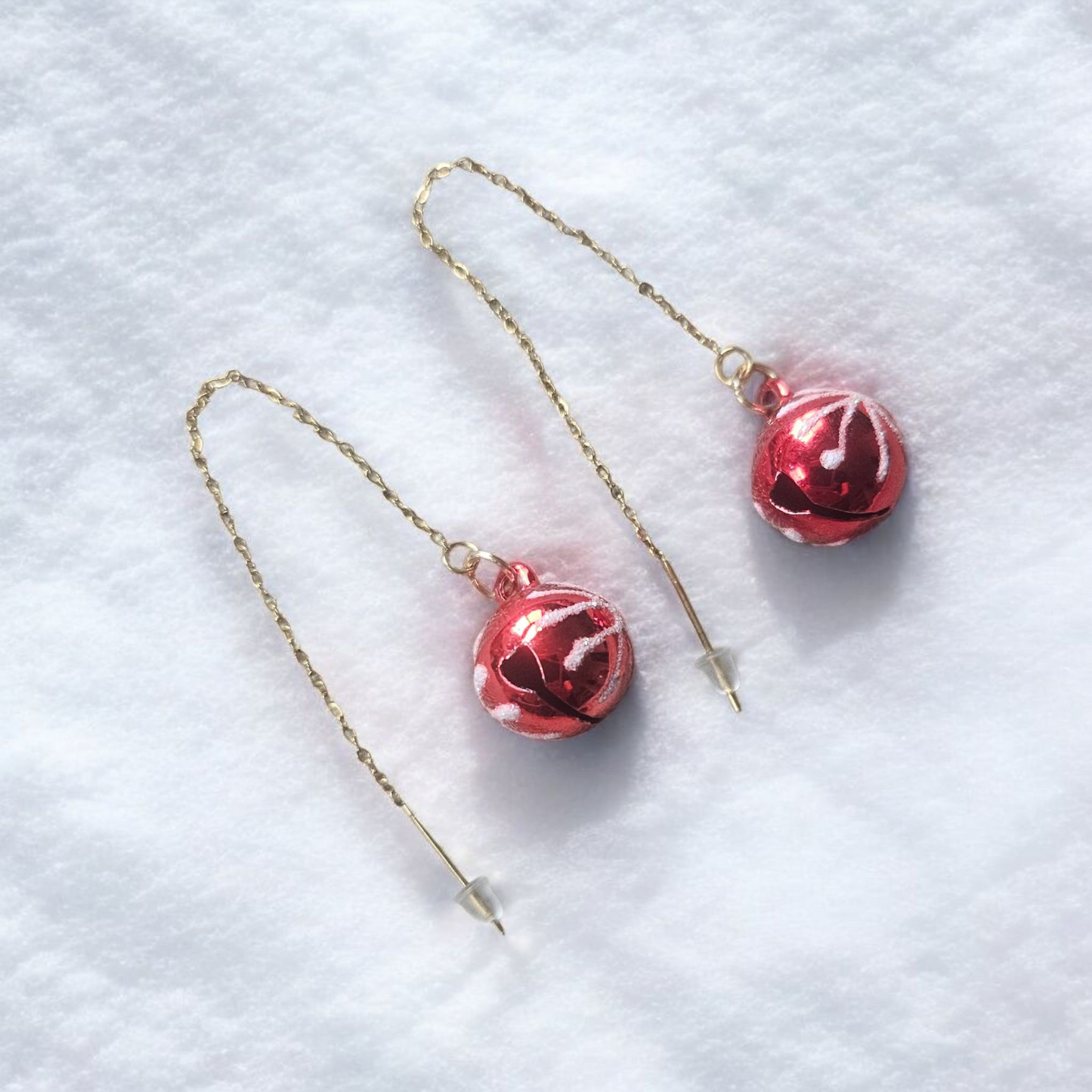 Red and White Snowflake Jingle Bell on Gold Threader Dangle Earrings