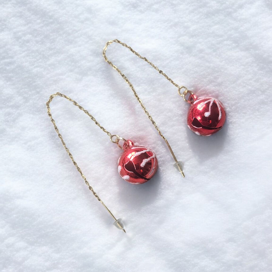 Red and White Snowflake Jingle Bell on Gold Threader Dangle Earrings