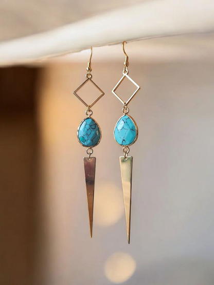 Teal Marbled Gemstone on Geometric Dangle Long Earrings