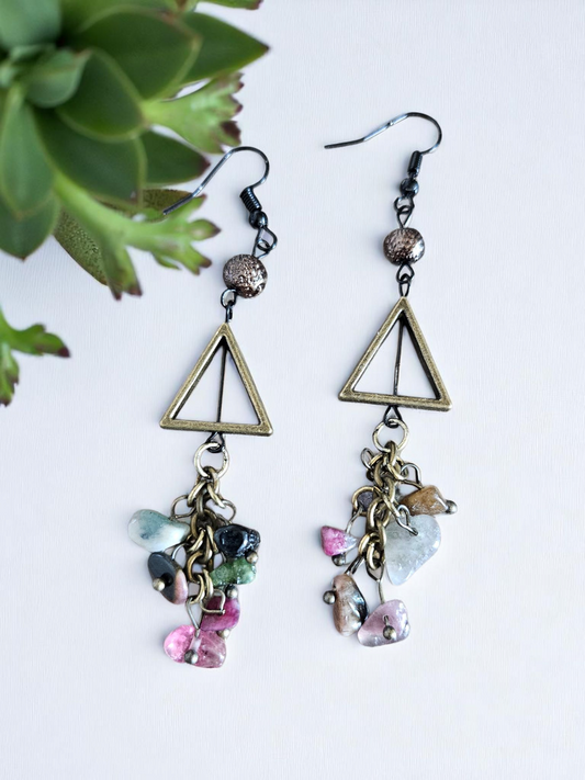 Bronzy Gemstone Clusters on Triangle Dangle Earrings