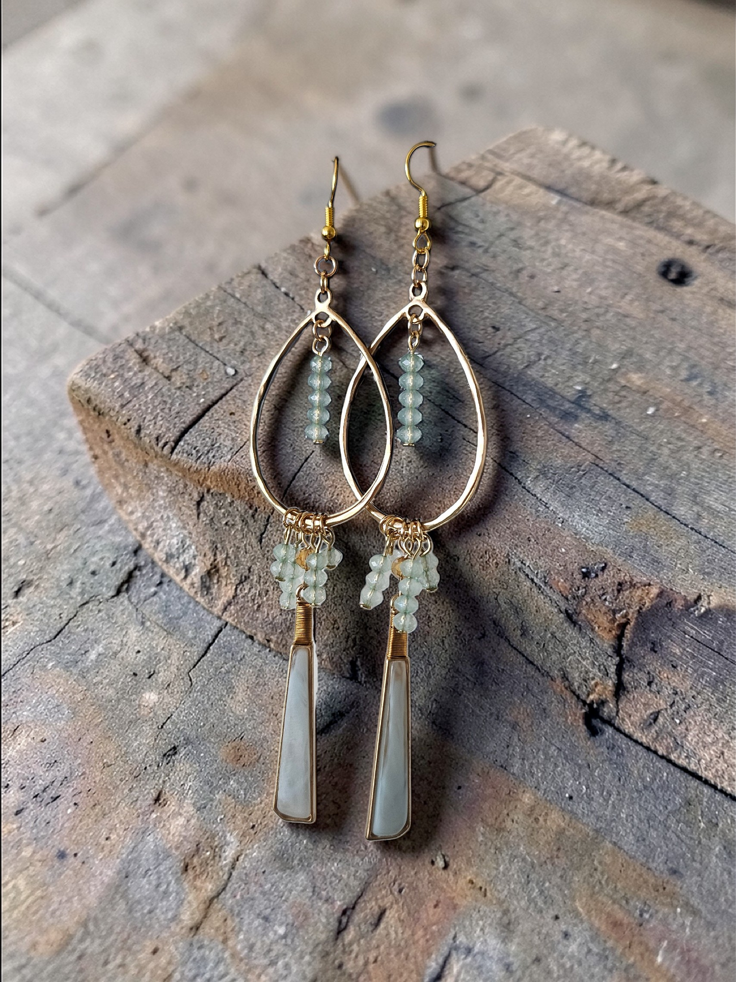Upcycled Golden Teardrop Earrings with Teal Bead Dangles and Charms