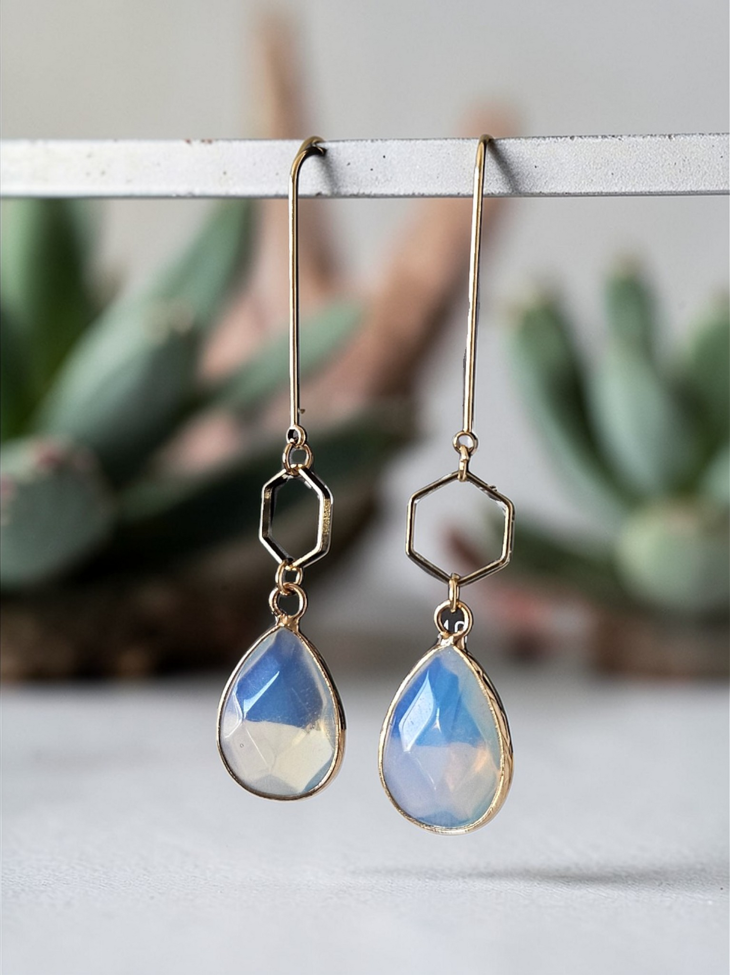 Teardrop Gemstones and Hexagons on Golden U-shaped Earrings