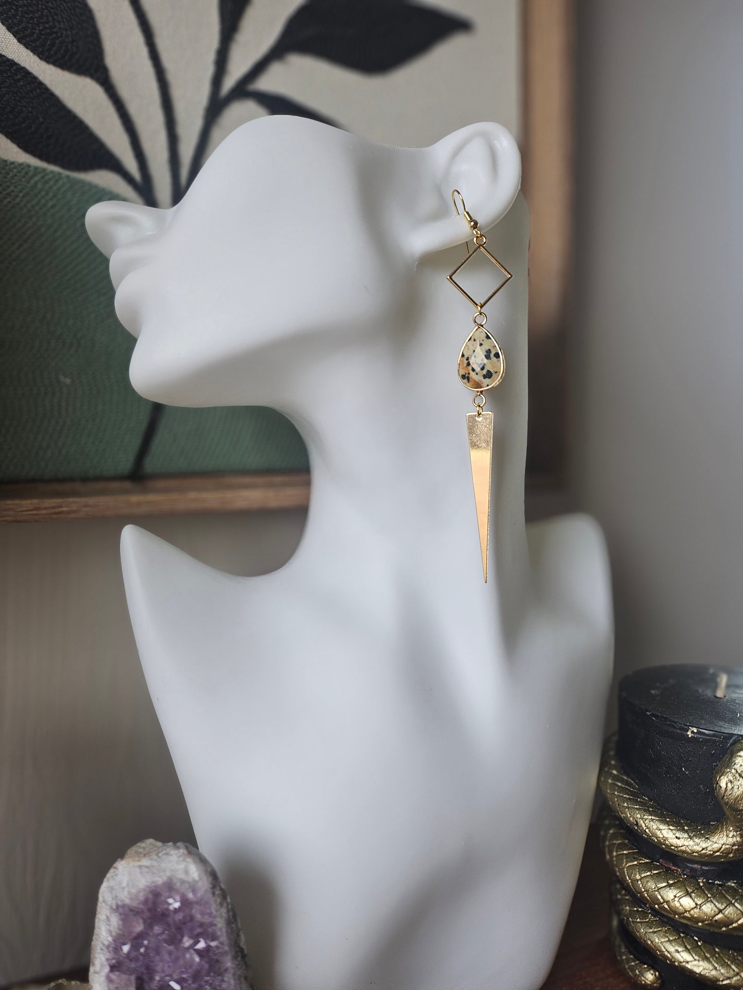 Dalmatian Jasper Gemstone on Geometric Dangle Long Earrings