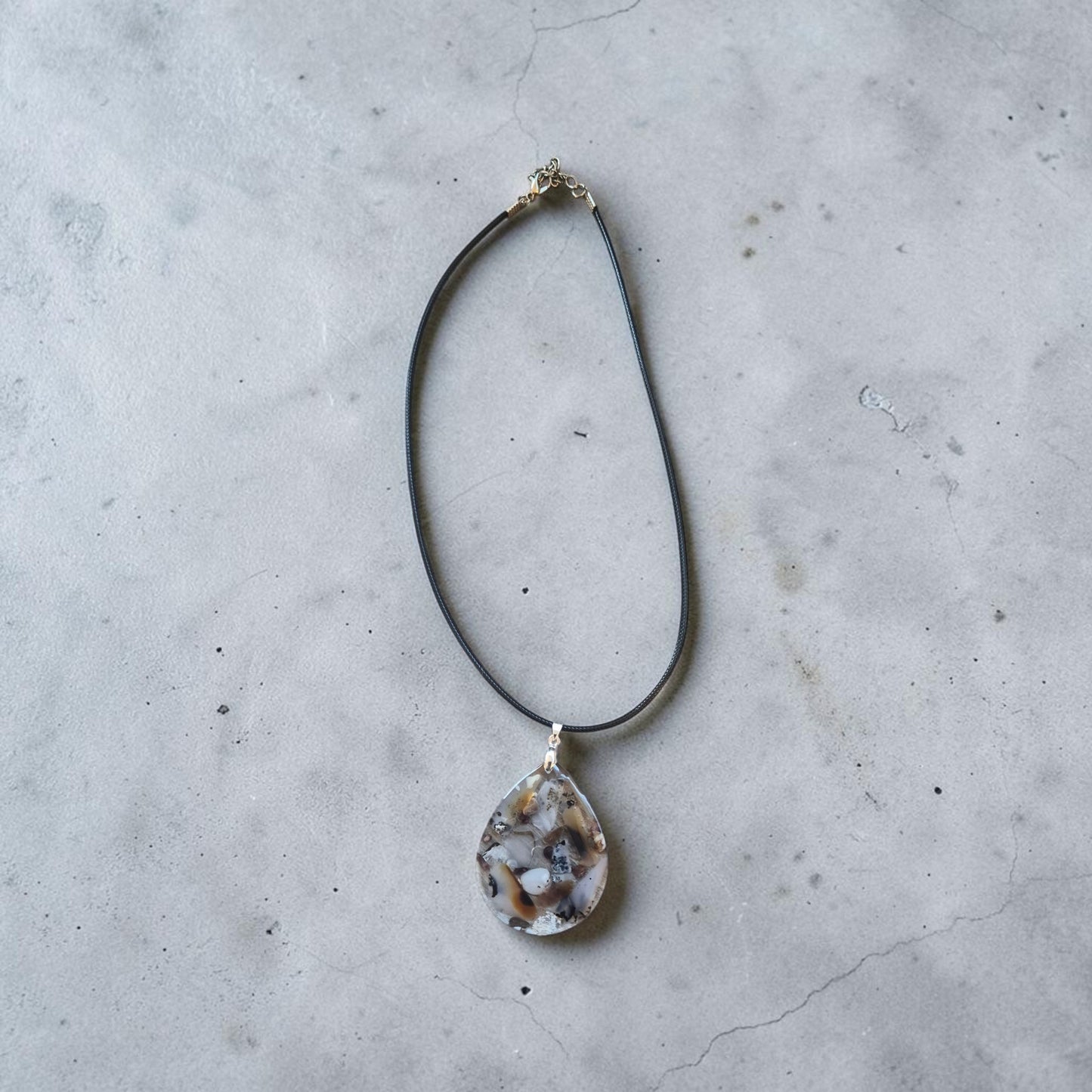 Tumbled Montana Moss Agate in Teardrop Resin Pendant on Black Leather Necklace