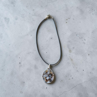 Tumbled Montana Moss Agate in Teardrop Resin Pendant on Black Leather Necklace
