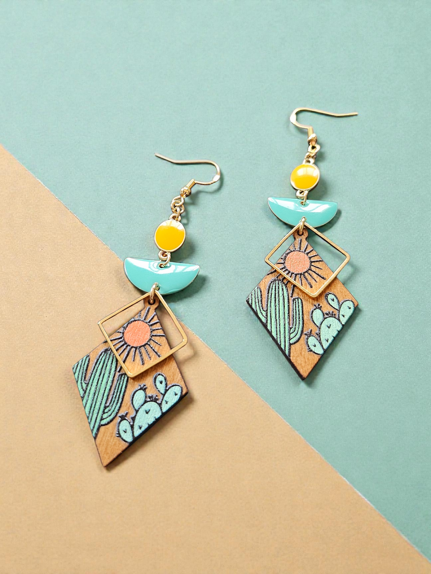 Upcycled Colorful Wooden Cactus Dangle Earrings with Teal and Yellow Accents